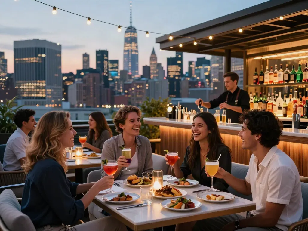 Friends enjoying cocktails at Nohu rooftop bar with NYC skyline view