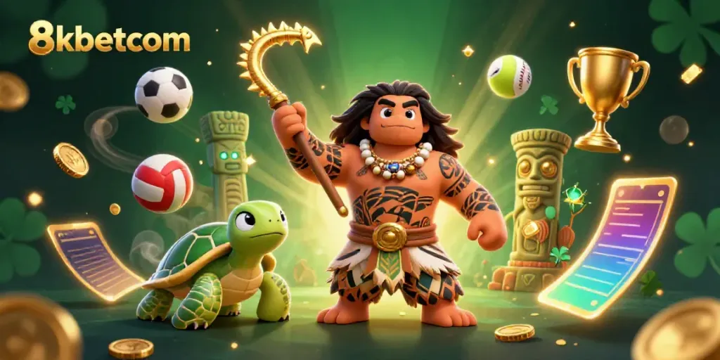 Experience excitement with 8kbetcom's animated gambling scene featuring a Polynesian demigod, sports elements, and vibrant details.
