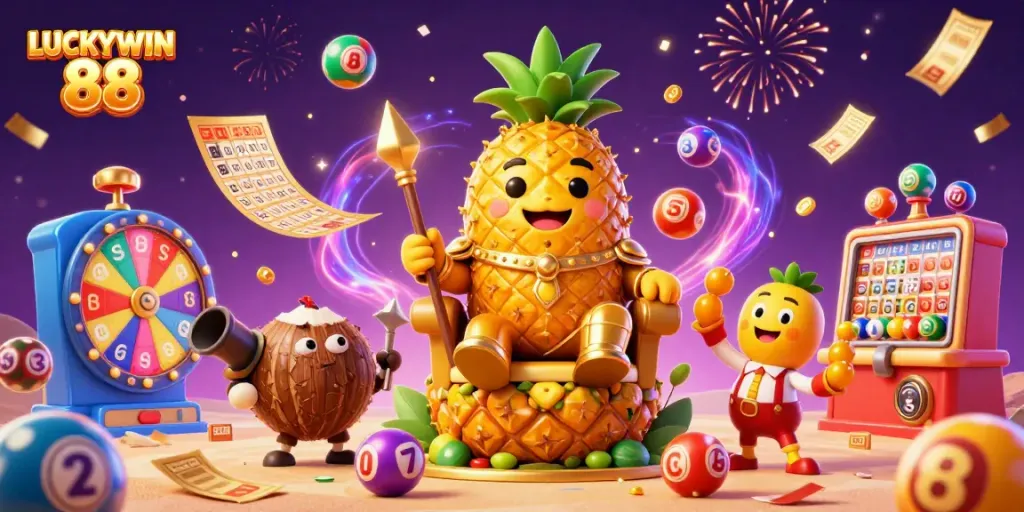 Experience the excitement of LUCKYWIN 88 with a vibrant casino scene featuring a golden pineapple king.