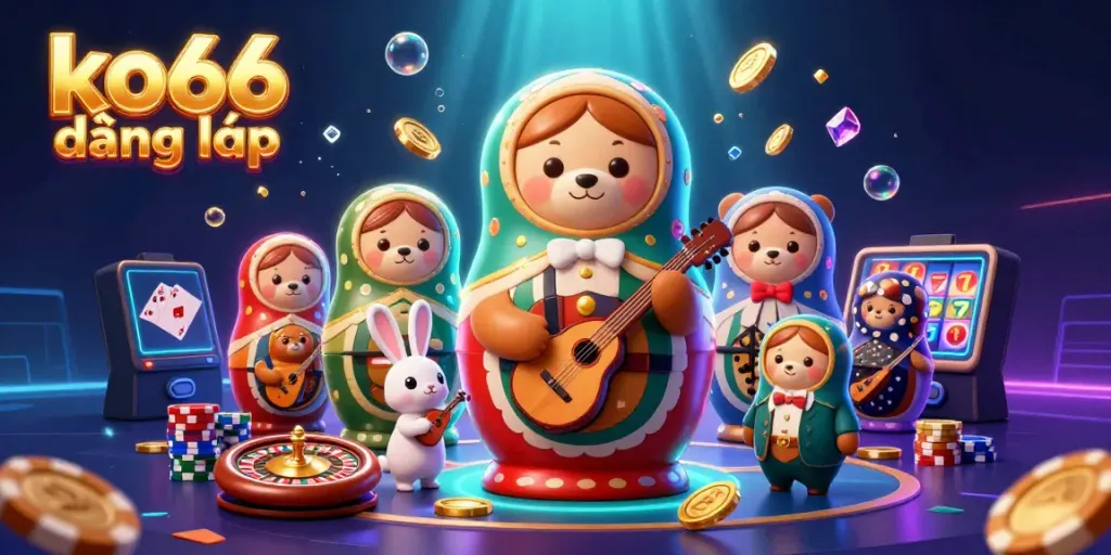 Experience the excitement of ko66 đăng nhập with a vibrant 3D casino scene featuring a Matryoshka bear and casino elements.