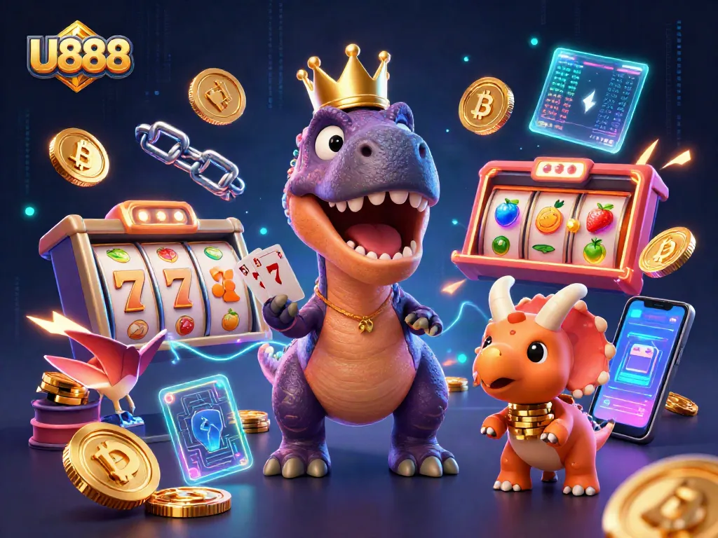 U888 players enjoy virtual slots with a friendly T-Rex and colorful game elements, enhancing excitement.