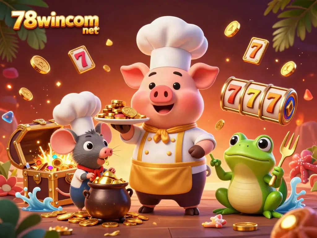 Experience the vibrant energy of 78wincom net with an engaging 3D casino scene featuring characters and gold.