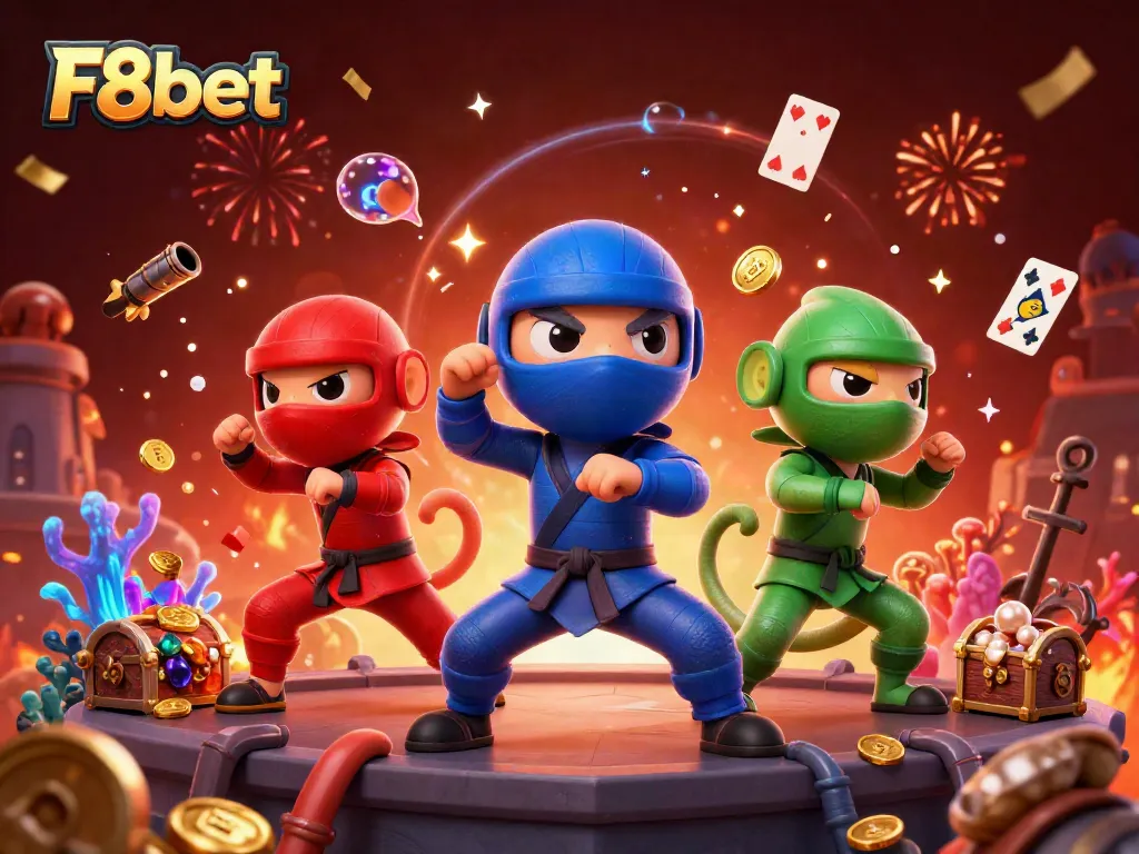 Experience the excitement of F8bet with a dynamic ninja chameleon team amidst casino treasures and vibrant gaming elements.