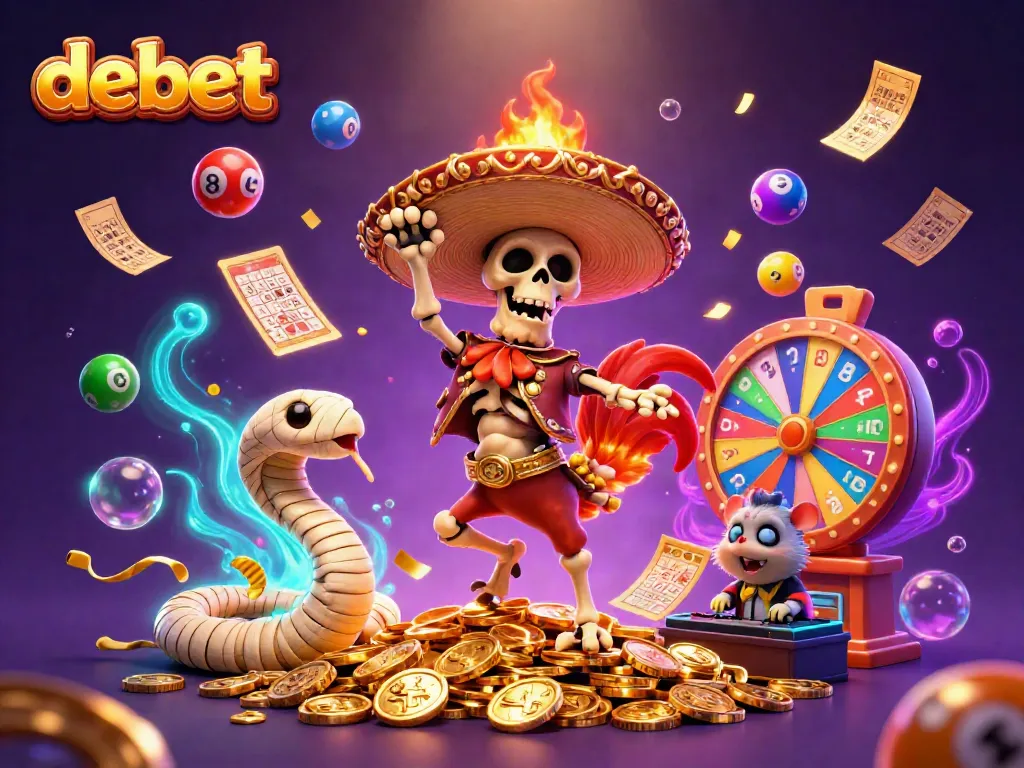 Join the celebration at debet with lively characters dancing on golden coins amidst colorful lottery elements.