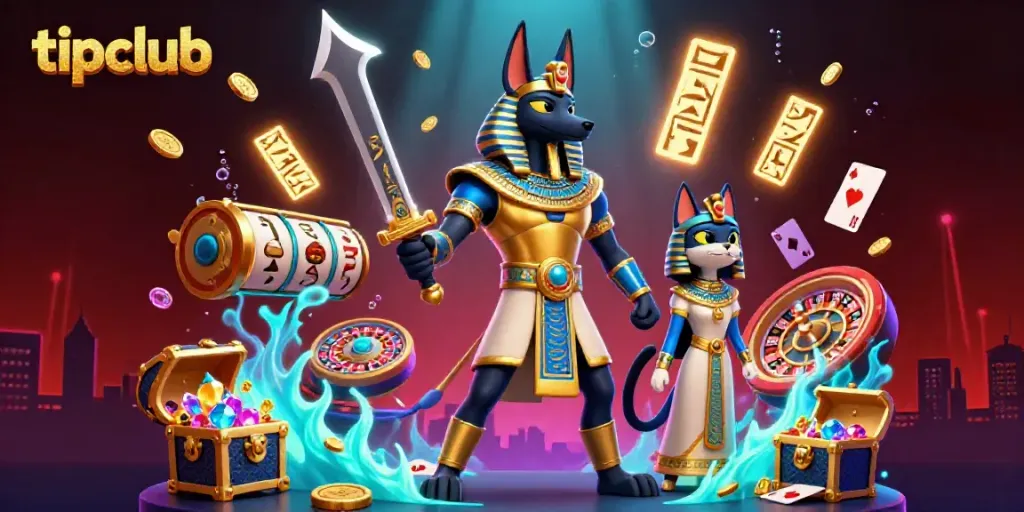 Join the action at tipclub's dynamic casino scene featuring Anubis and Bastet surrounded by gold coins, slot reels, and poker cards.