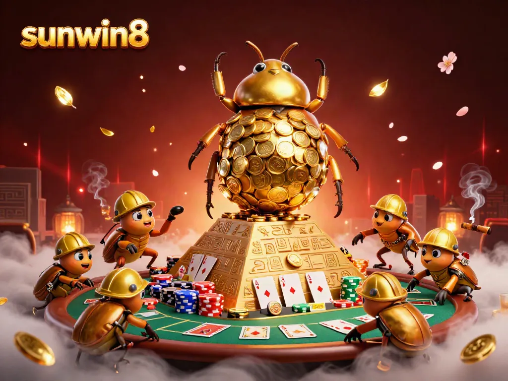 Experience excitement with sunwin8 featuring a golden beetle pushing a coin ball, rich casino elements.