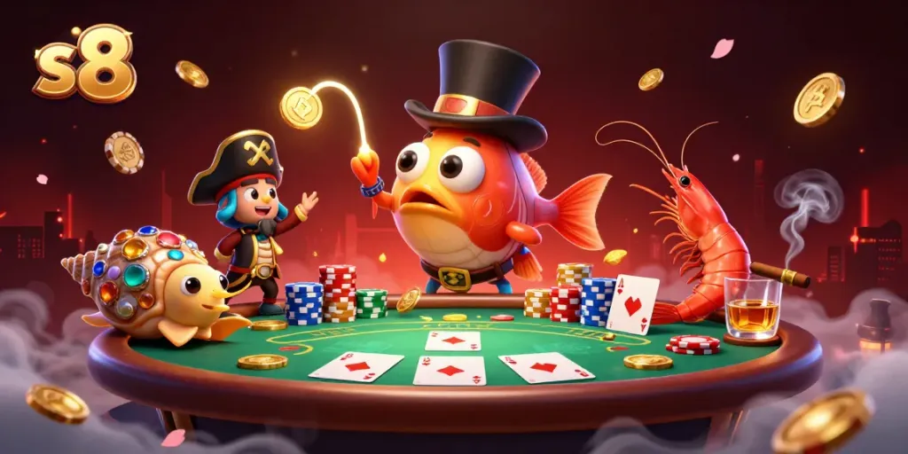 Win big with s8 as the anglerfish lures golden coins in a poker scene.