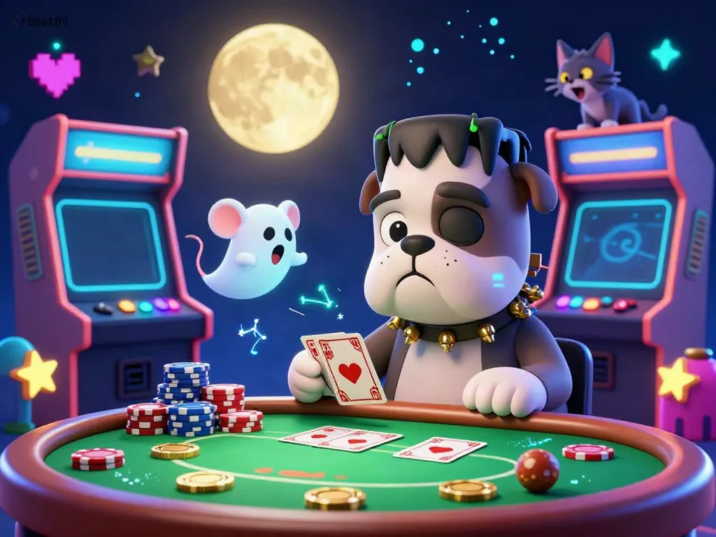 Experience thrilling gameplay with f8bet89 as a Frankenstein bulldog deals cards among ghostly delights.