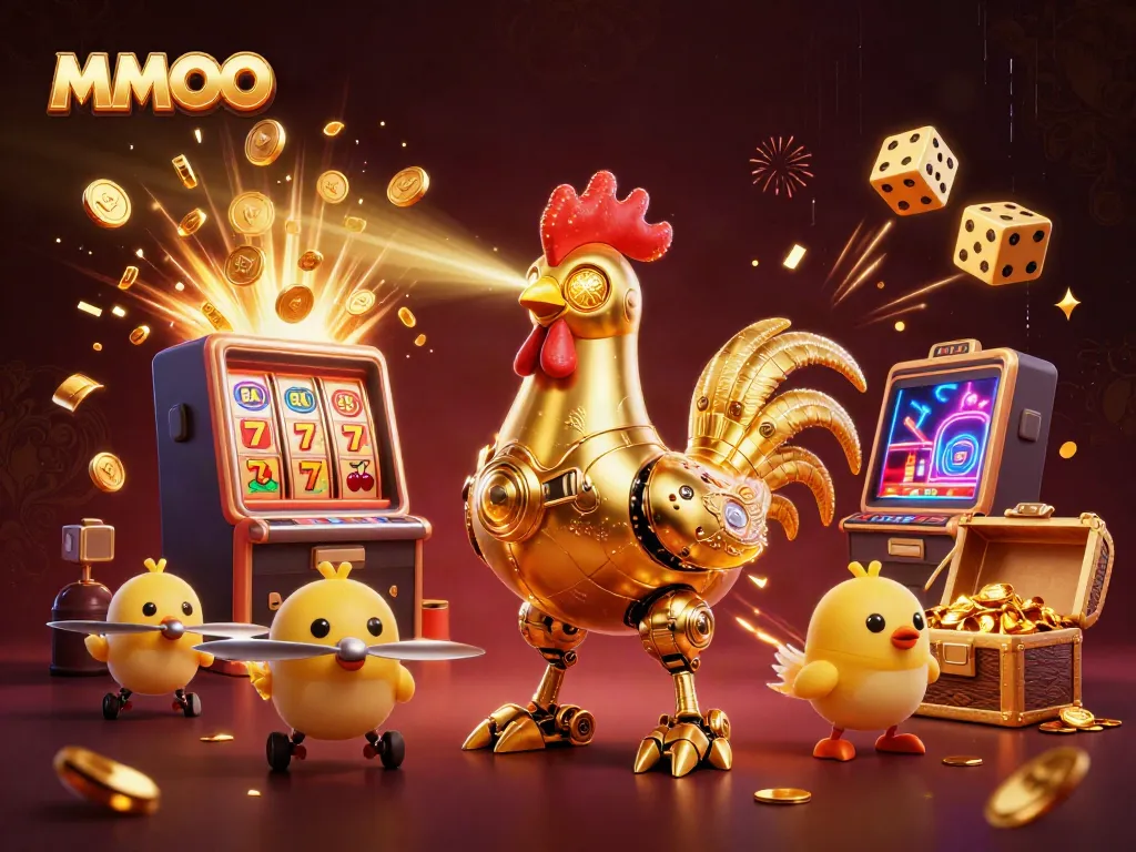 Experience thrilling gameplay with MMOO, featuring a golden rooster robot and explosive slot machine in a vibrant casino setting.