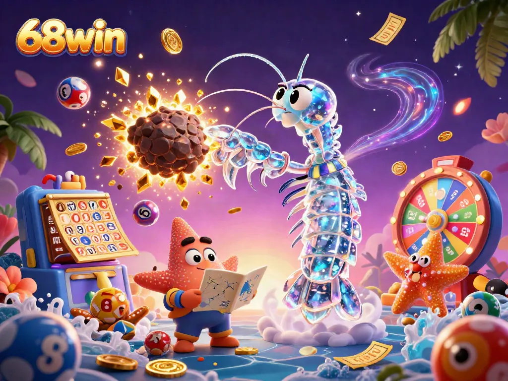 Experience the thrill of 68win with our 3D cartoon galactic samurai mantis shrimp celebrating a jackpot amidst colorful game elements.
