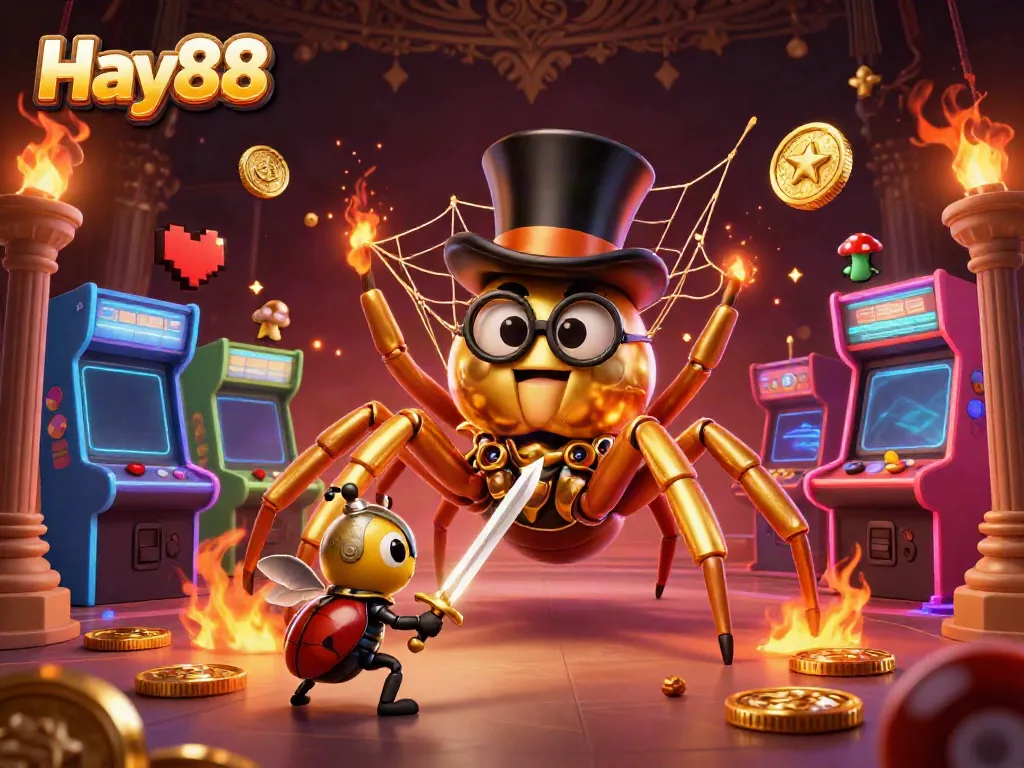 Experience Hay88's vibrant gaming scene with a golden tarantula and knight surrounded by arcade elements.
