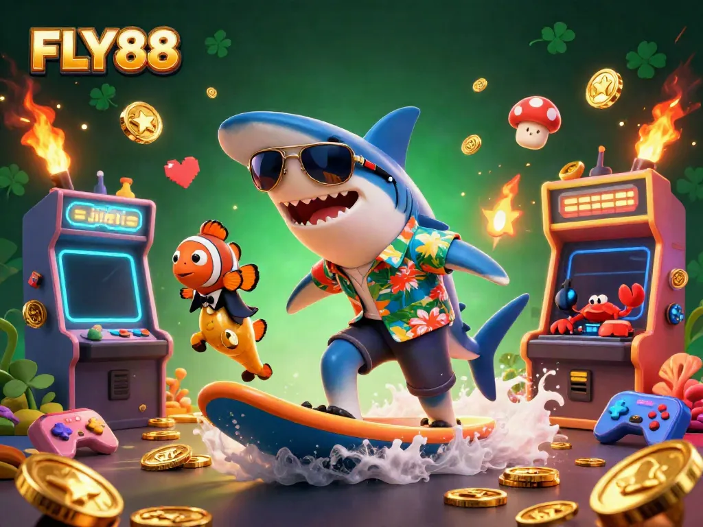 FLY88 presents a vibrant 3D casino scene with characters surfing on gold coins, highlighting arcade excitement.